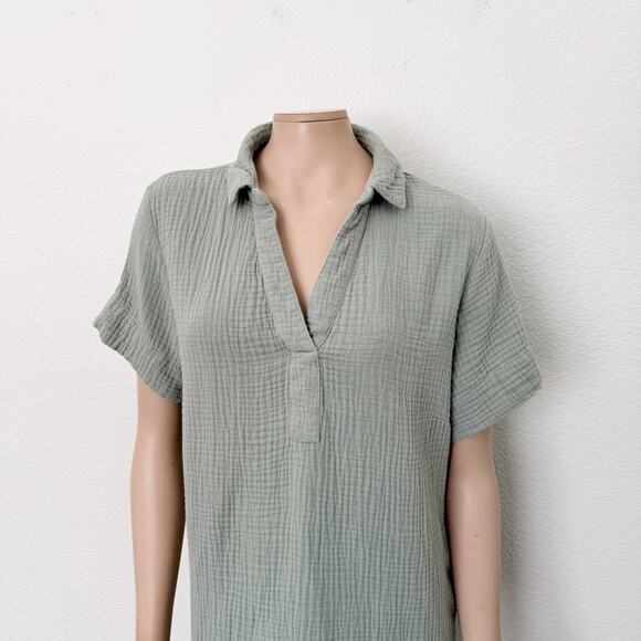 [Three Dots] Sage Green Cotton Gauze Waffle Oversized Shift Dress Size Large L - Picture 4 of 12